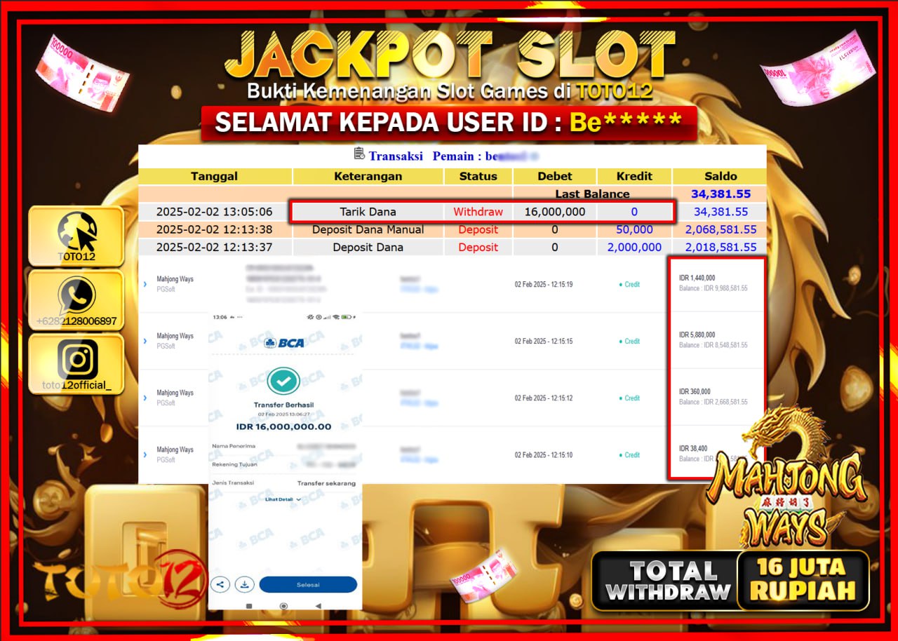 HANYA DI TOTO12 JP PASTI DI BAYAR LUNAS DAN CEPAT!!!!!! JACKPOT SLOT GAME (MAHJONG WAYS) Rp.16.000.000 !!!!