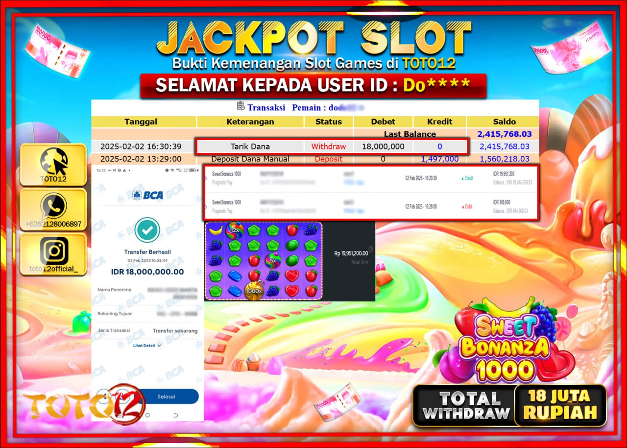 HANYA DI TOTO12 JP PASTI DI BAYAR LUNAS DAN CEPAT!!!!!! JACKPOT SLOT GAME (SWEET BONANZA 1000) Rp.18.000.000 !!!!