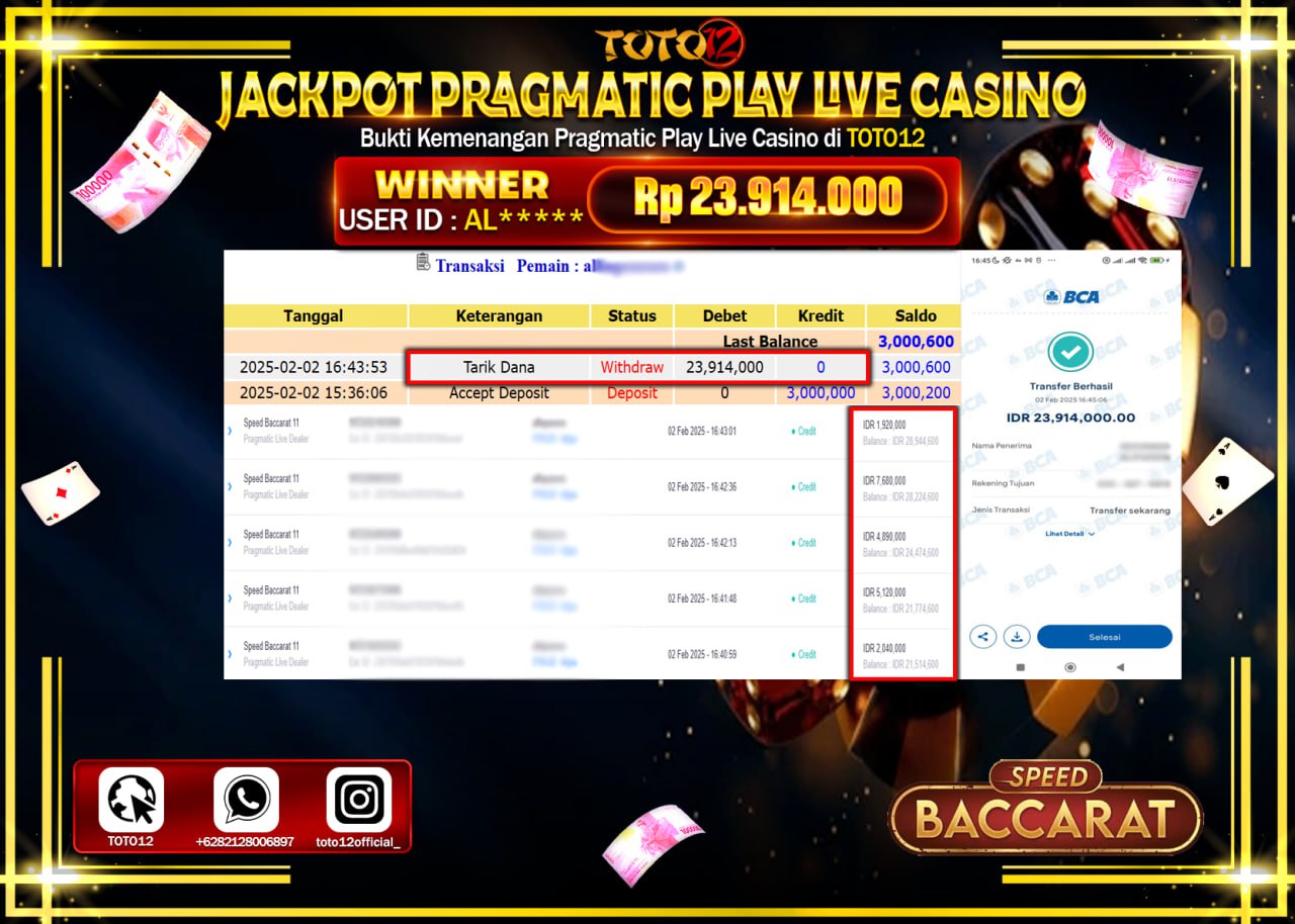 HANYA DI TOTO12 JP PASTI DI BAYAR LUNAS DAN CEPAT!!!!!! JACKPOT PRAGMATIC PLAY LIVE CASINO (SPEED BACCARAT) Rp.23.914.000 !!!!