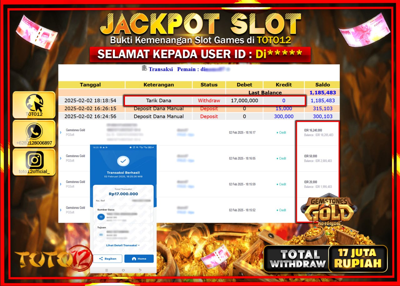 HANYA DI TOTO12 JP PASTI DI BAYAR LUNAS DAN CEPAT!!!!!! JACKPOT SLOT GAME (GEMSTONES GOLD) Rp.17.000.000 !!!!