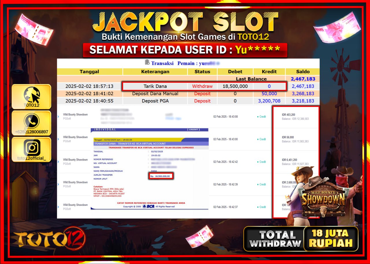 HANYA DI TOTO12 JP PASTI DI BAYAR LUNAS DAN CEPAT!!!!!! JACKPOT SLOT GAME (WILD BOUNTY SHOWDOWN) Rp.18.000.000 !!!!