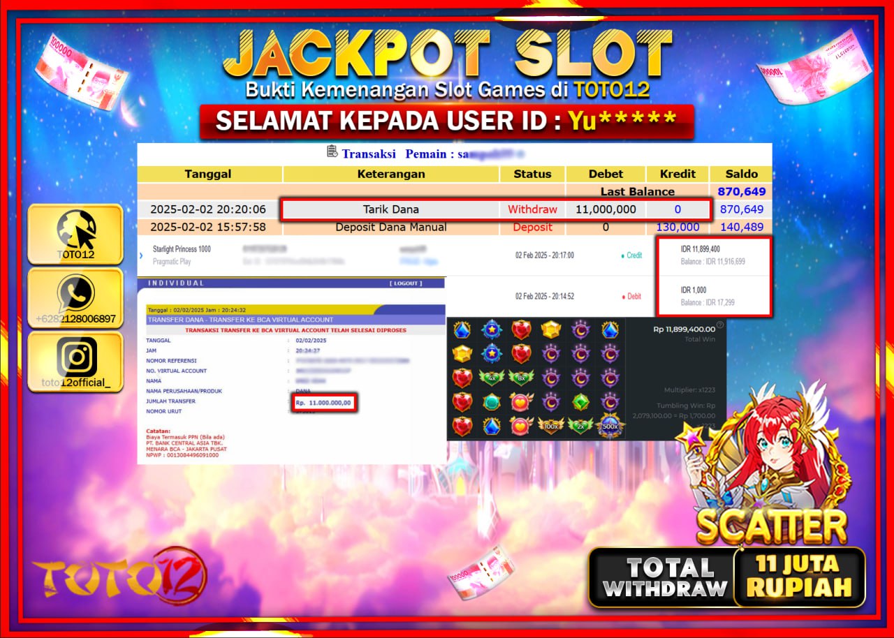 HANYA DI TOTO12 JP PASTI DI BAYAR LUNAS DAN CEPAT!!!!!! JACKPOT SLOT GAME (STARLIGHT PRINCESS) Rp.11.000.000 !!!!