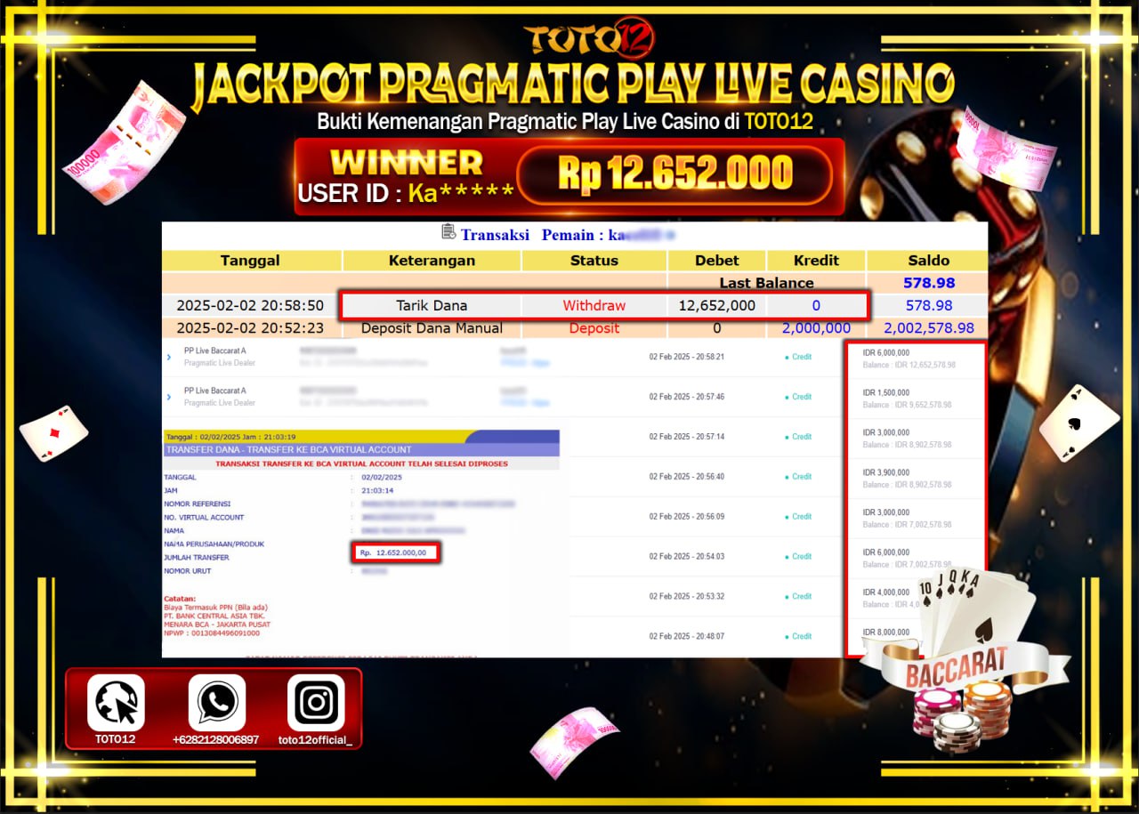 HANYA DI TOTO12 JP PASTI DI BAYAR LUNAS DAN CEPAT!!!!!! JACKPOT PRAGMATIC PLAY LIVE CASINO (BACCARAT) Rp.12.652.000 !!!!