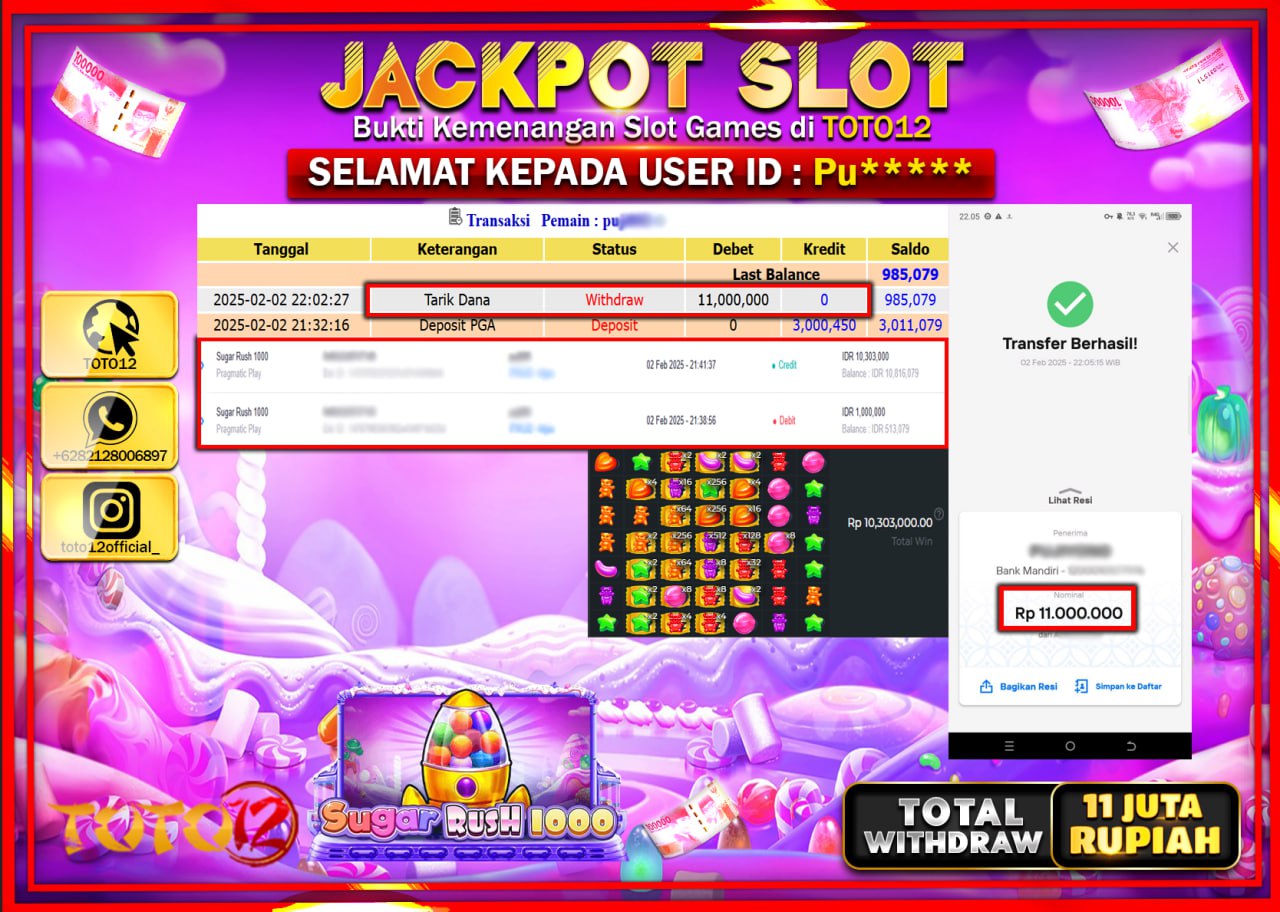 HANYA DI TOTO12 JP PASTI DI BAYAR LUNAS DAN CEPAT!!!!!! JACKPOT SLOT GAME (SUGAR RUSH 1000) Rp.11.000.000 !!!!