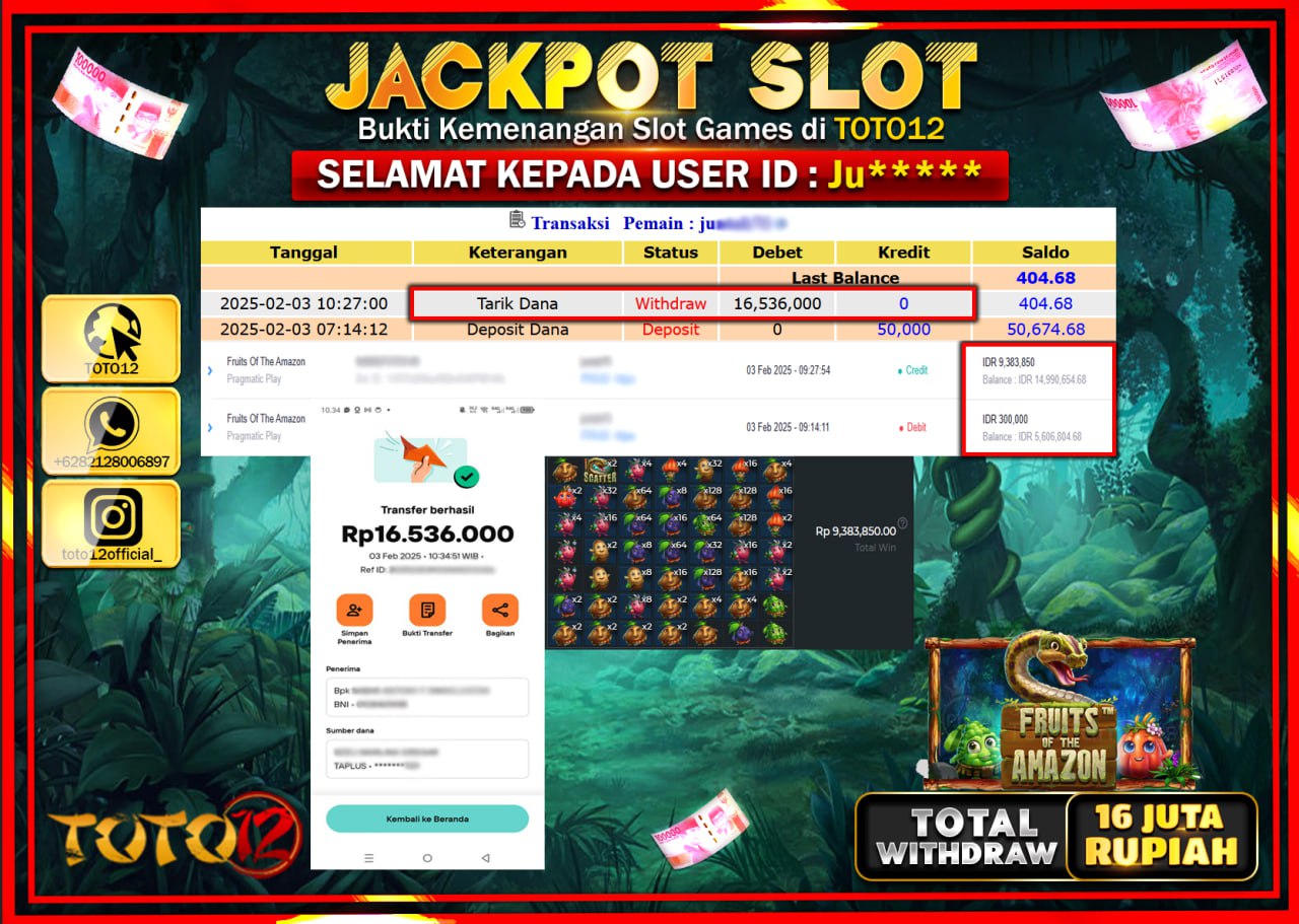 HANYA DI TOTO12 JP PASTI DI BAYAR LUNAS DAN CEPAT!!!!!! JACKPOT SLOT GAME (FRUITS OF THE AMAZON) Rp.16.536.000 !!!!