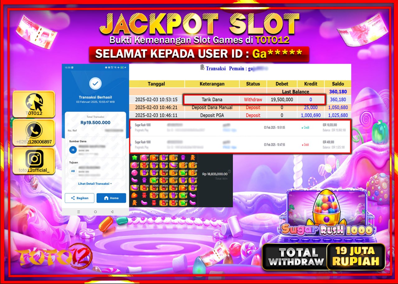 HANYA DI TOTO12 JP PASTI DI BAYAR LUNAS DAN CEPAT!!!!!! JACKPOT SLOT GAME (SUGAR RYSH 1000) Rp.19.500.000 !!!!