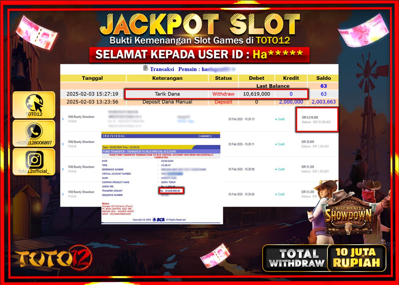 HANYA DI TOTO12 JP PASTI DI BAYAR LUNAS DAN CEPAT!!!!!! JACKPOT SLOT GAME (WILD BOUNTY SHOWDOWN) Rp.10.000.000 !!!!
