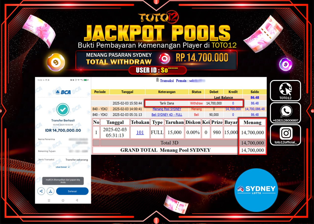 HANYA DI TOTO12 JP PASTI DI BAYAR LUNAS DAN CEPAT!!!!!! JACKPOT POOLS (SYDNEY LOTTO) Rp.14.700.000 !!!!