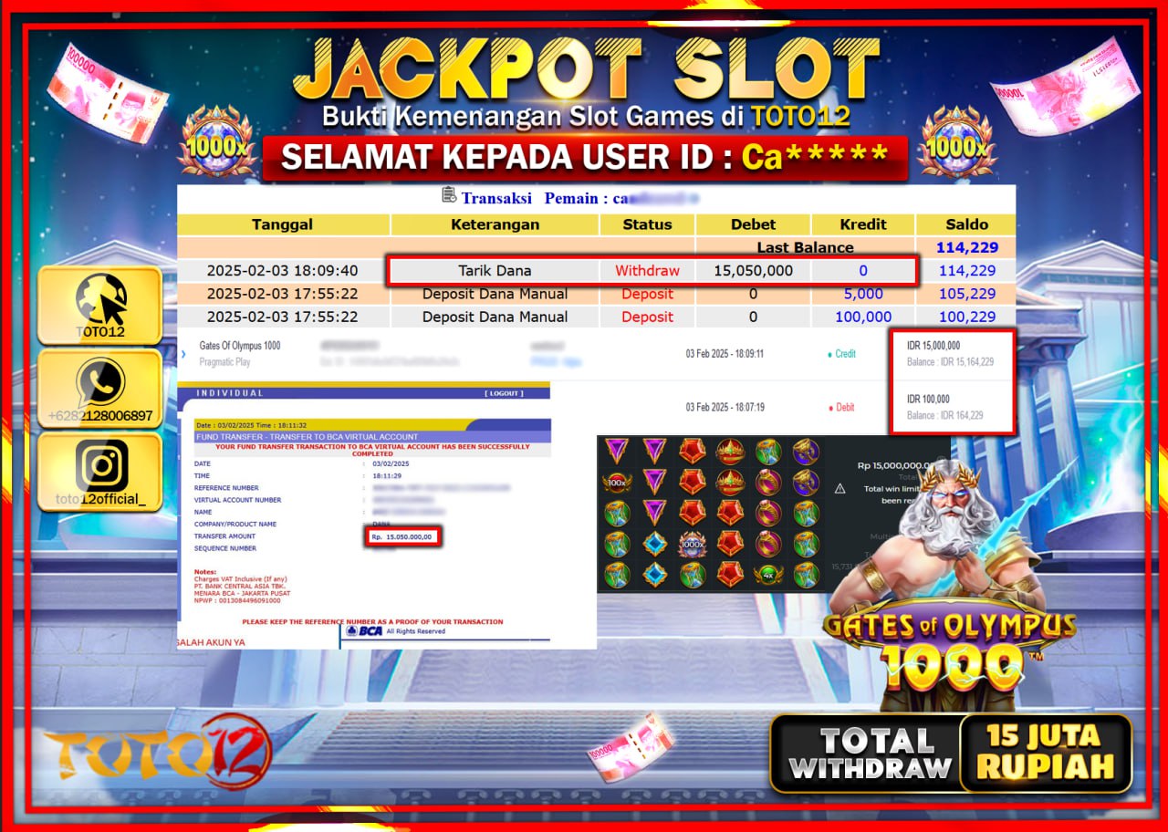 HANYA DI TOTO12 JP PASTI DI BAYAR LUNAS DAN CEPAT!!!!!! JACKPOT SLOT GAME (GATES OF OLYPUS 1000) Rp.15.000.000 !!!!