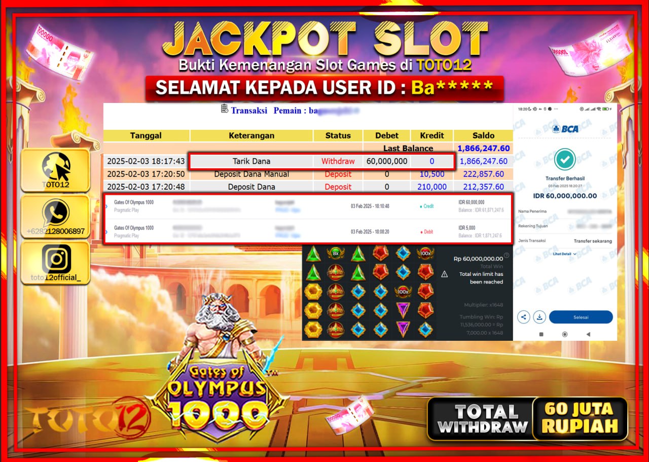 HANYA DI TOTO12 JP PASTI DI BAYAR LUNAS DAN CEPAT!!!!!! JACKPOT SLOT GAME (GATES OF OLYPUS) Rp.60.000.000 !!!!