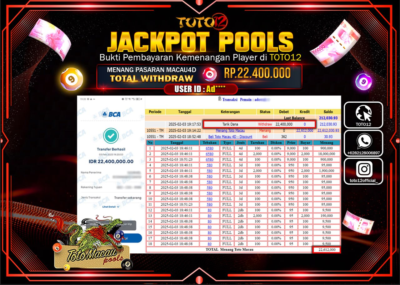 HANYA DI TOTO12 JP PASTI DI BAYAR LUNAS DAN CEPAT!!!!!! JACKPOT POOLS (TOTO MACAU) Rp.22.400.000 !!!!