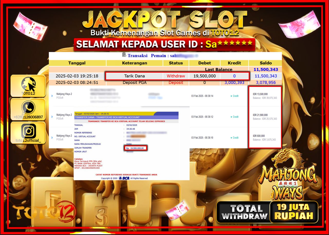 HANYA DI TOTO12 JP PASTI DI BAYAR LUNAS DAN CEPAT!!!!!! JACKPOT SLOT GAME (MAHJONG WAYS) Rp.19.000.000 !!!!