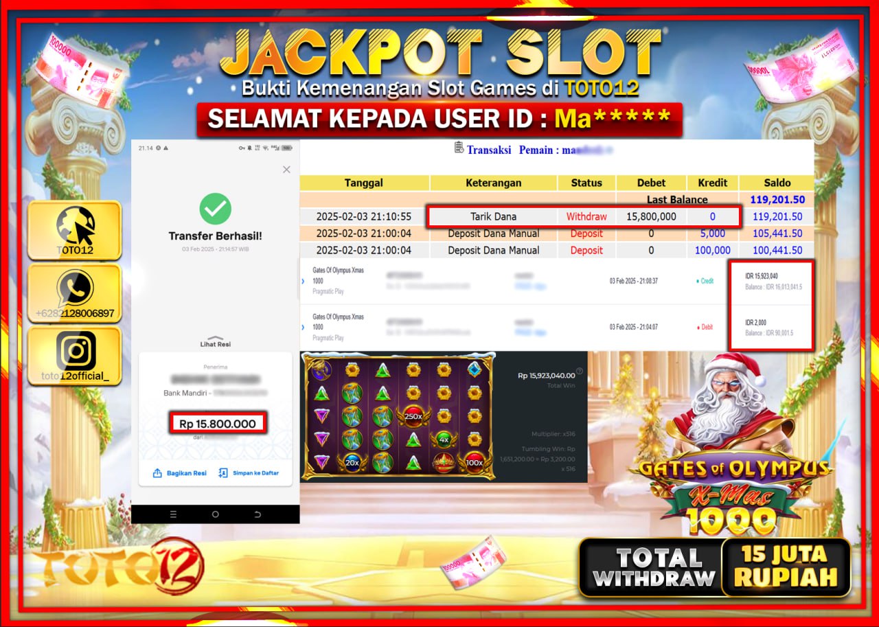 HANYA DI TOTO12 JP PASTI DI BAYAR LUNAS DAN CEPAT!!!!!! JACKPOT SLOT GAME (GATE OF OLYPUMS XMAS1000) Rp.15.800.000 !!!!
