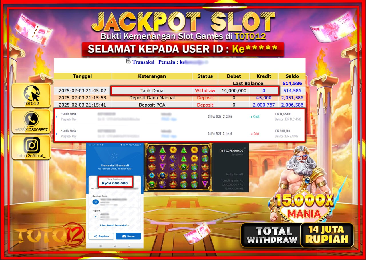 HANYA DI TOTO12 JP PASTI DI BAYAR LUNAS DAN CEPAT!!!!!! JACKPOT SLOT GAME (15 000x MANIA) Rp.14.000.000 !!!!