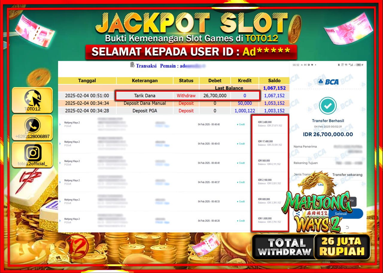 HANYA DI TOTO12 JP PASTI DI BAYAR LUNAS DAN CEPAT!!!!!! JACKPOT SLOT GAME (MAHJONG WAYS2) Rp.26.000.000 !!!!