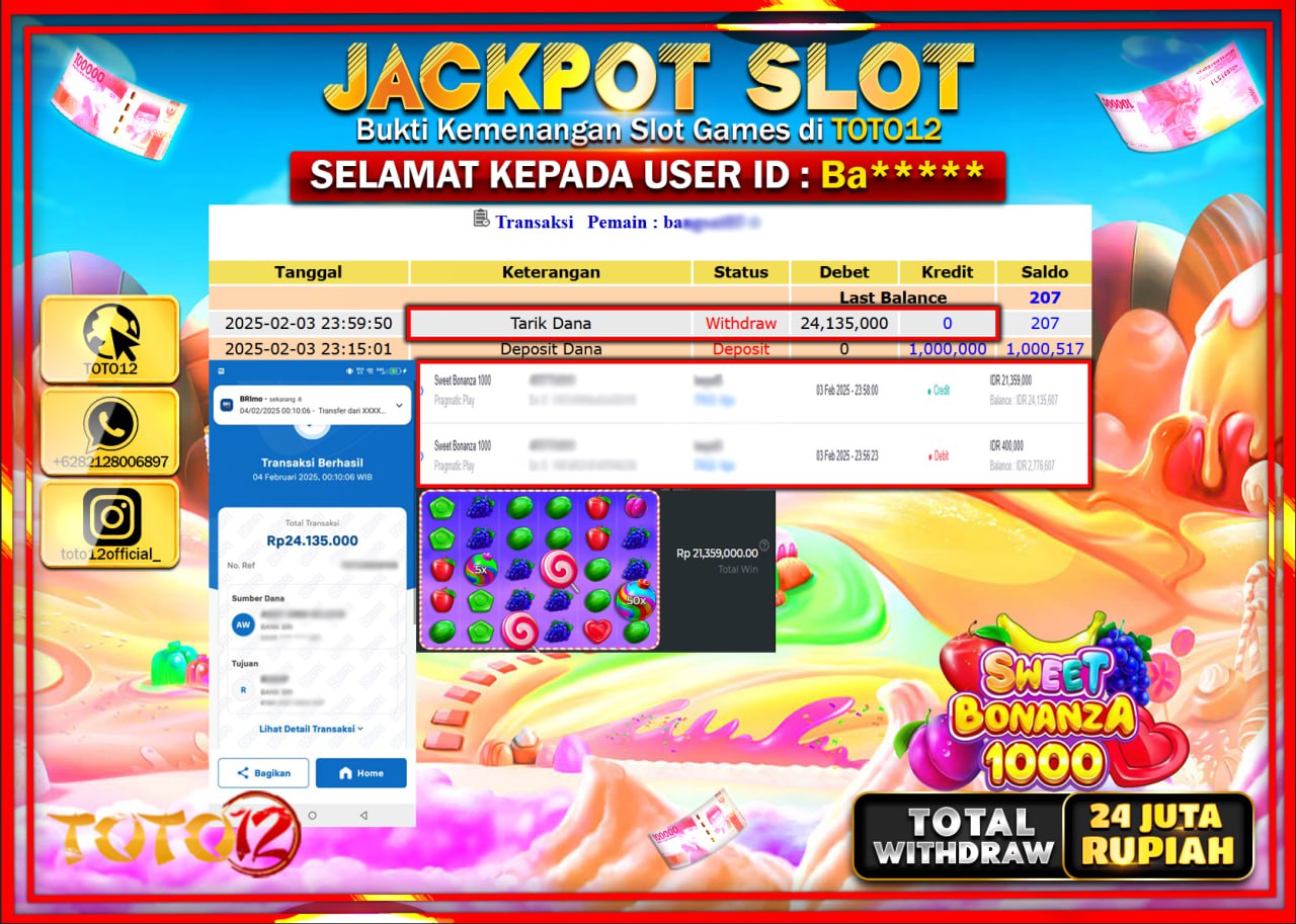 HANYA DI TOTO12 JP PASTI DI BAYAR LUNAS DAN CEPAT!!!!!! JACKPOT SLOT GAME (SWEET BONANZA 1000) Rp.24.000.000 !!!!