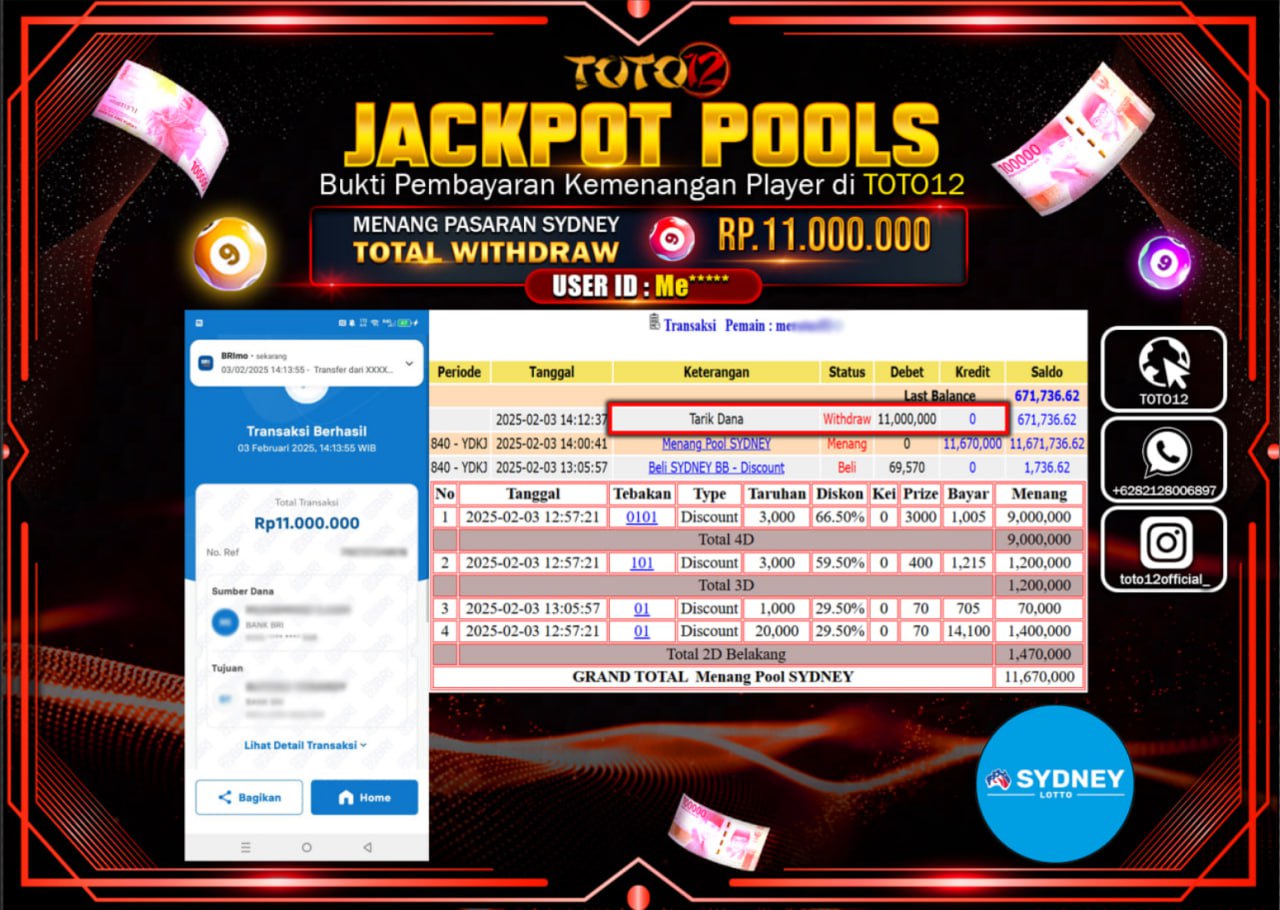HANYA DI TOTO12 JP PASTI DI BAYAR LUNAS DAN CEPAT!!!!!! JACKPOT POOLS (SYDNEY LOTTO) Rp.11.000.000 !!!!
