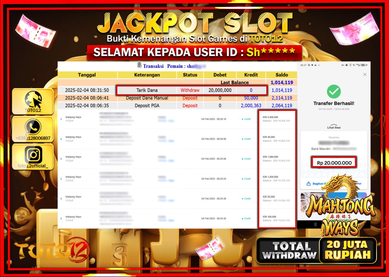 HANYA DI TOTO12 JP PASTI DI BAYAR LUNAS DAN CEPAT!!!!!! JACKPOT SLOT GAME (MAHJONG WAYS) Rp.20.000.000 !!!!