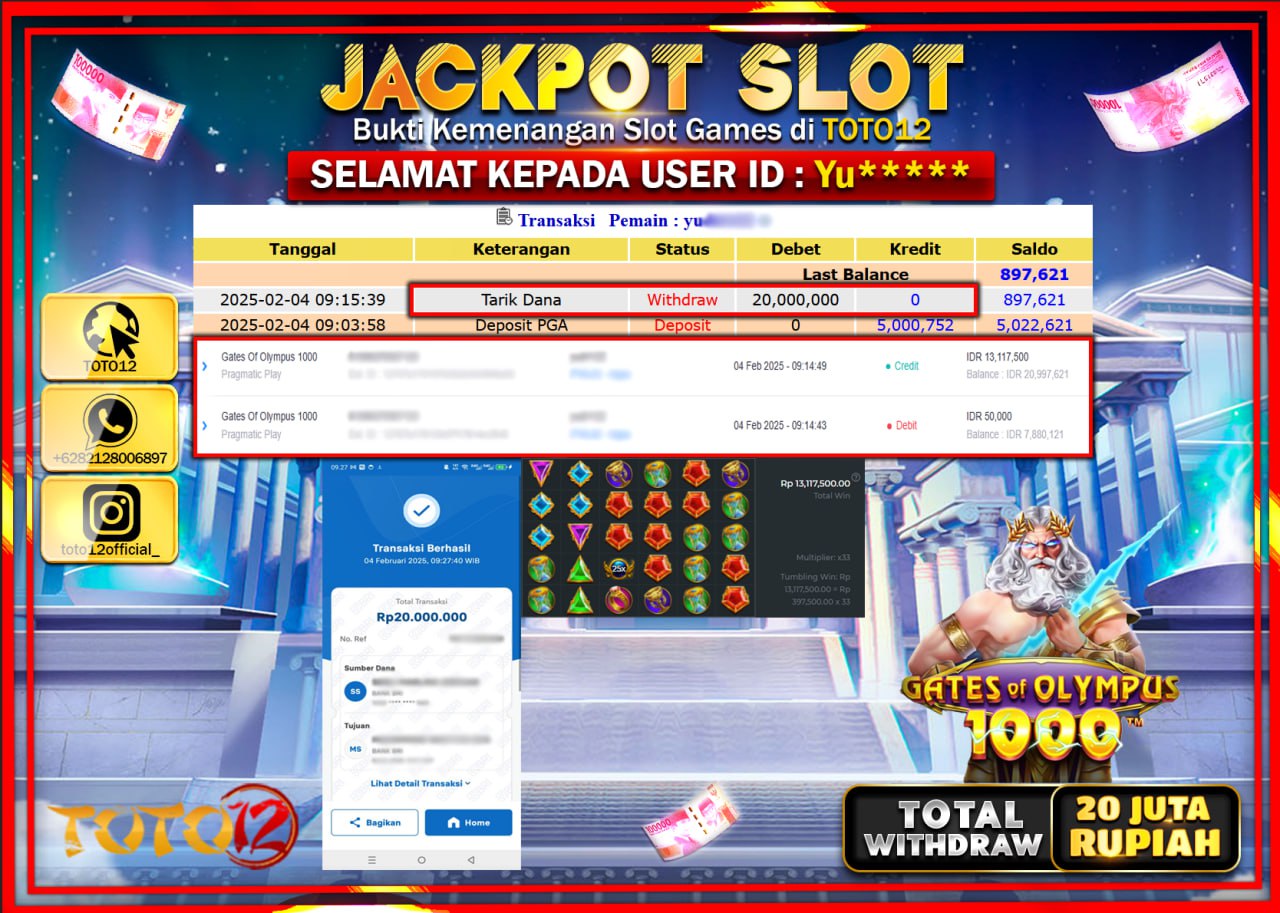 HANYA DI TOTO12 JP PASTI DI BAYAR LUNAS DAN CEPAT!!!!!! JACKPOT SLOT GAME (GATES OF OLYPUS 1000) Rp.20.000.000 !!!!