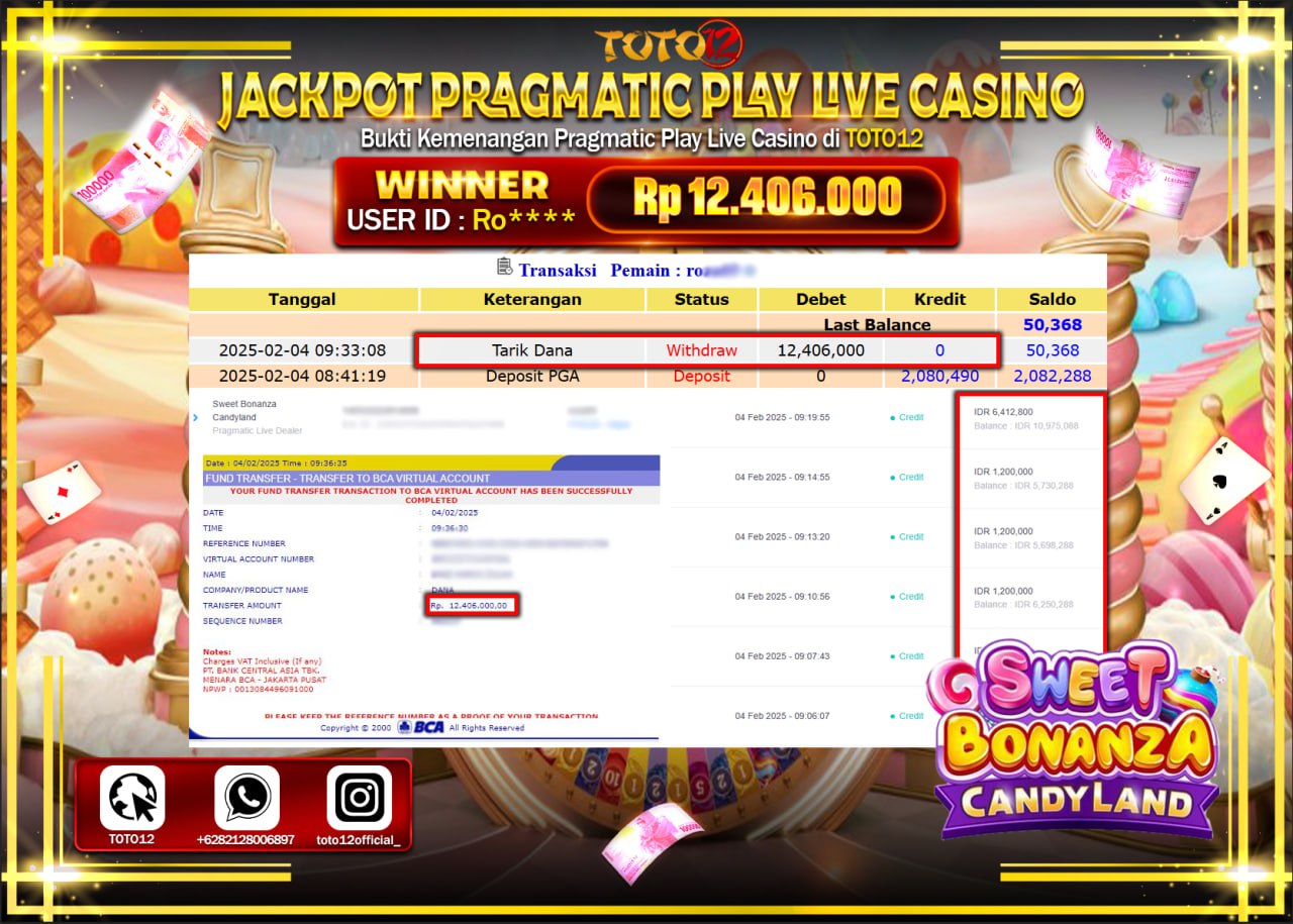 HANYA DI TOTO12 JP PASTI DI BAYAR LUNAS DAN CEPAT!!!!!! JACKPOT PRAGMATIC PLAY LIVE CASINO (SWEET BONANZA CANDY LAND) Rp.12.406.000 !!!!