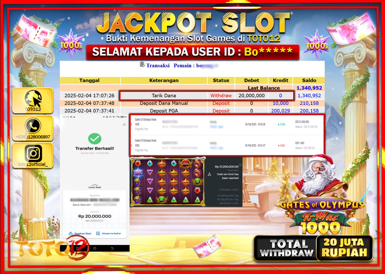 HANYA DI TOTO12 JP PASTI DI BAYAR LUNAS DAN CEPAT!!!!!! JACKPOT SLOT GAME (GATES OF OLYMPUS 1000) Rp.20.000.000 !!!!