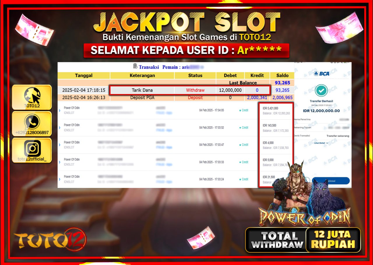HANYA DI TOTO12 JP PASTI DI BAYAR LUNAS DAN CEPAT!!!!!! JACKPOT SLOT GAME (POWER OF ODIN) Rp.12.000.000 !!!!