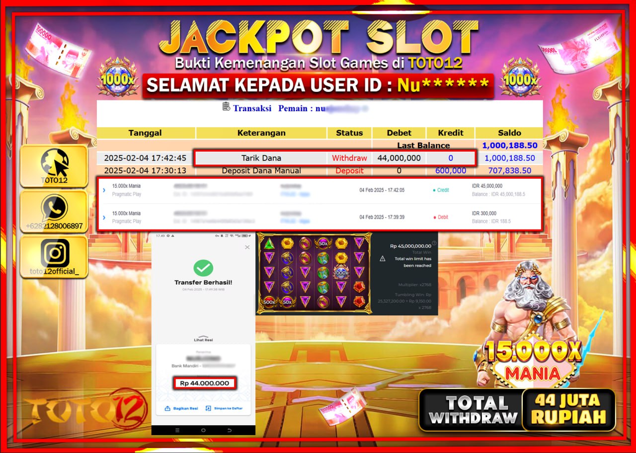 HANYA DI TOTO12 JP PASTI DI BAYAR LUNAS DAN CEPAT!!!!!! JACKPOT SLOT GAME (15 000x MANIA) Rp.44.000.000 !!!!
