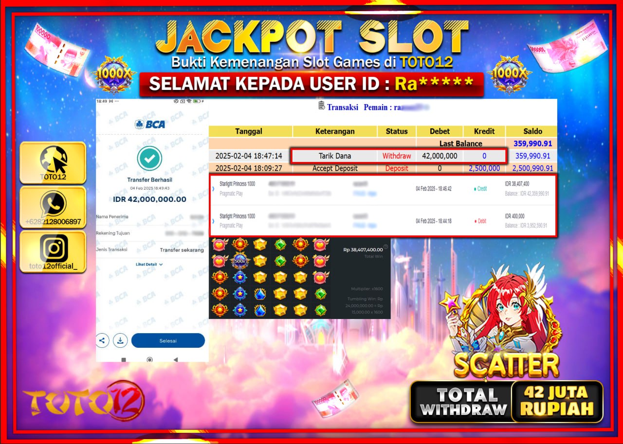 HANYA DI TOTO12 JP PASTI DI BAYAR LUNAS DAN CEPAT!!!!!! JACKPOT SLOT GAME (STARLIGHT PRINCES 1000) Rp.42.000.000 !!!!