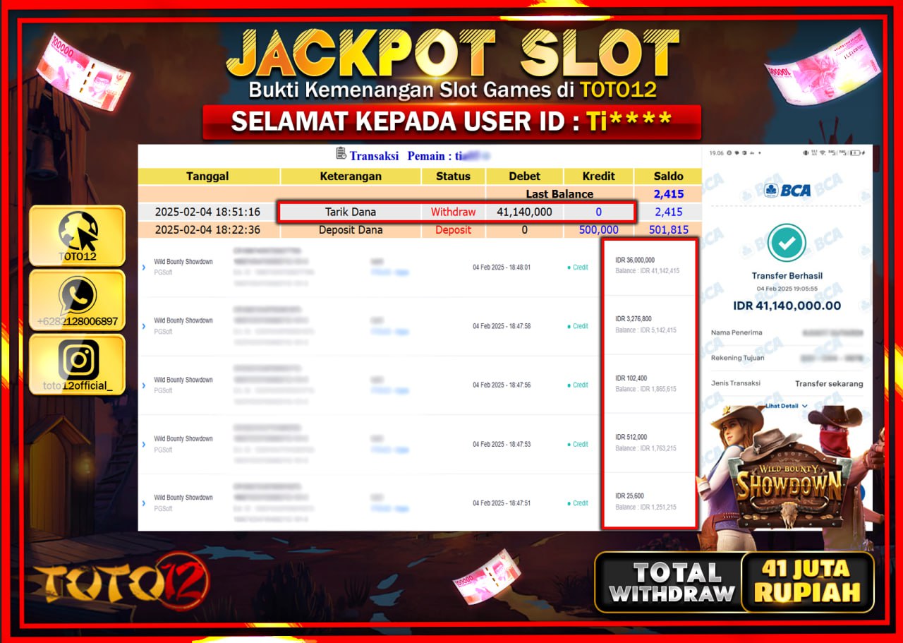 HANYA DI TOTO12 JP PASTI DI BAYAR LUNAS DAN CEPAT!!!!!! JACKPOT SLOT GAME (WILD BOUNTY SHOWDOWN) Rp.41.140.000 !!!!