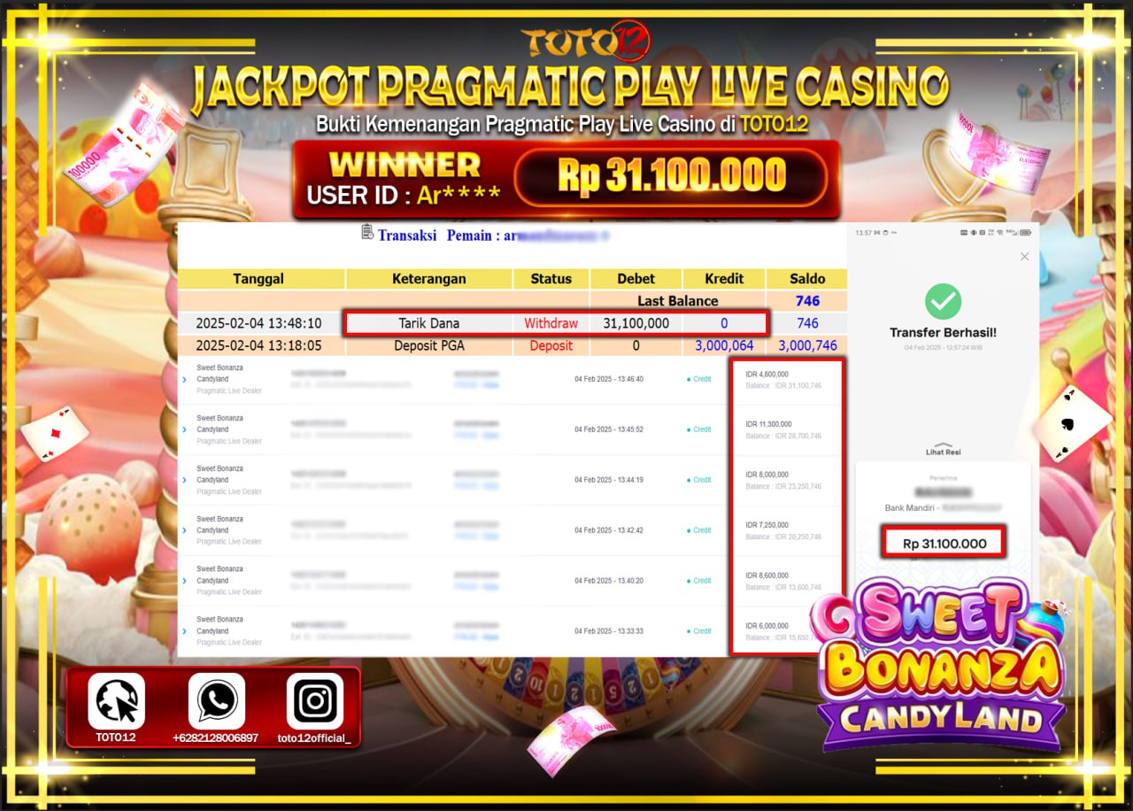 HANYA DI TOTO12 JP PASTI DI BAYAR LUNAS DAN CEPAT!!!!!! JACKPOT PRAGMATIC PLAY LIVE CASINO (SWEET BONANZA CANDY LAND) Rp.31.100.000 !!!!