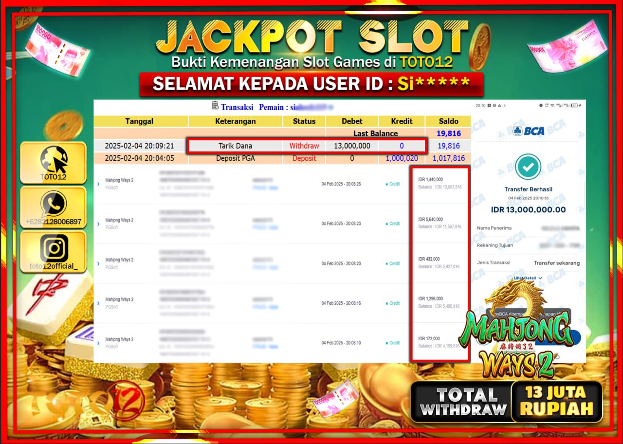 HANYA DI TOTO12 JP PASTI DI BAYAR LUNAS DAN CEPAT!!!!!! JACKPOT SLOT GAME (MAHJONG WAYS 2) Rp.13.000.000 !!!!