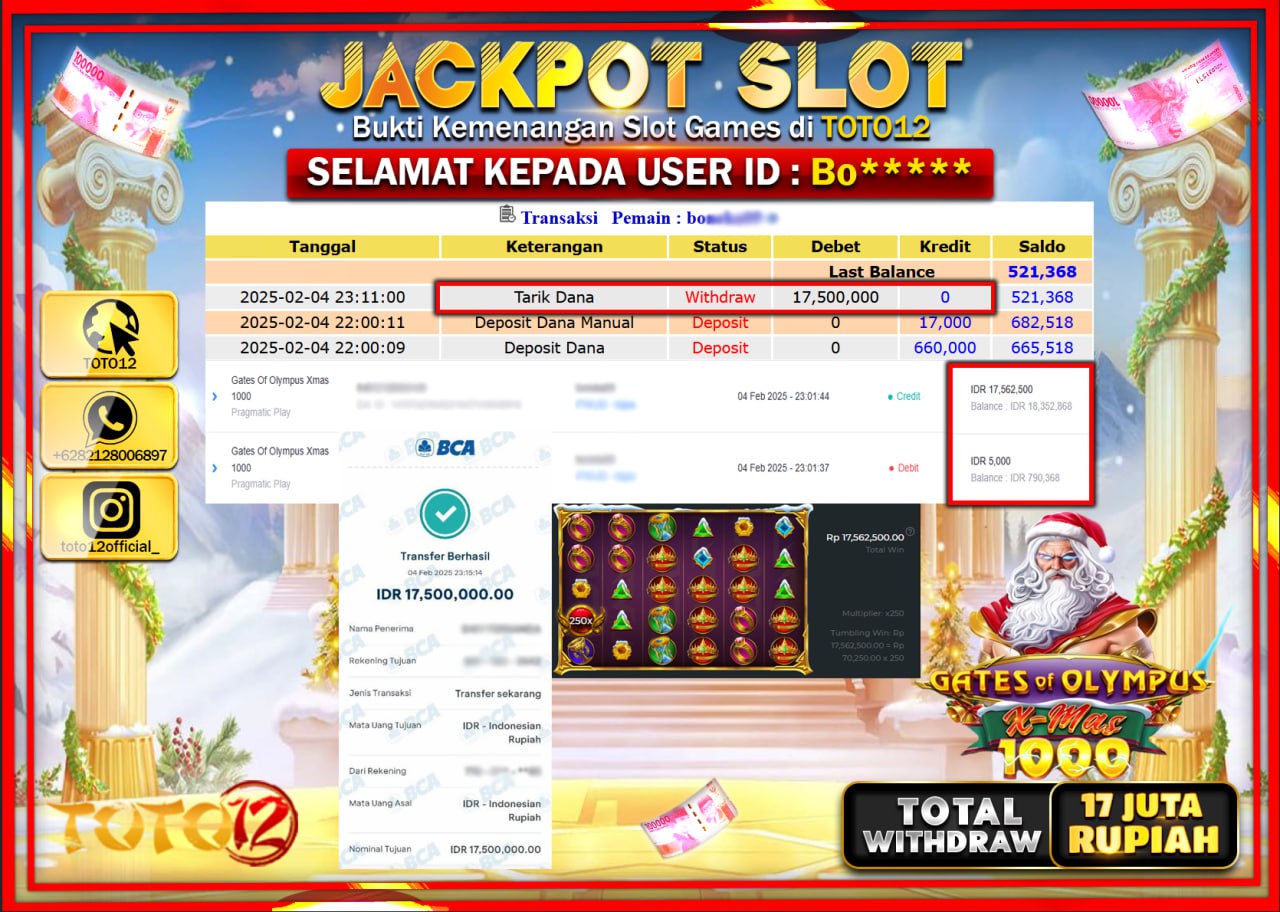 HANYA DI TOTO12 JP PASTI DI BAYAR LUNAS DAN CEPAT!!!!!! JACKPOT SLOT GAME (GATES OF OLYMPUS XMAS 1000) Rp.17.000.000 !!!!