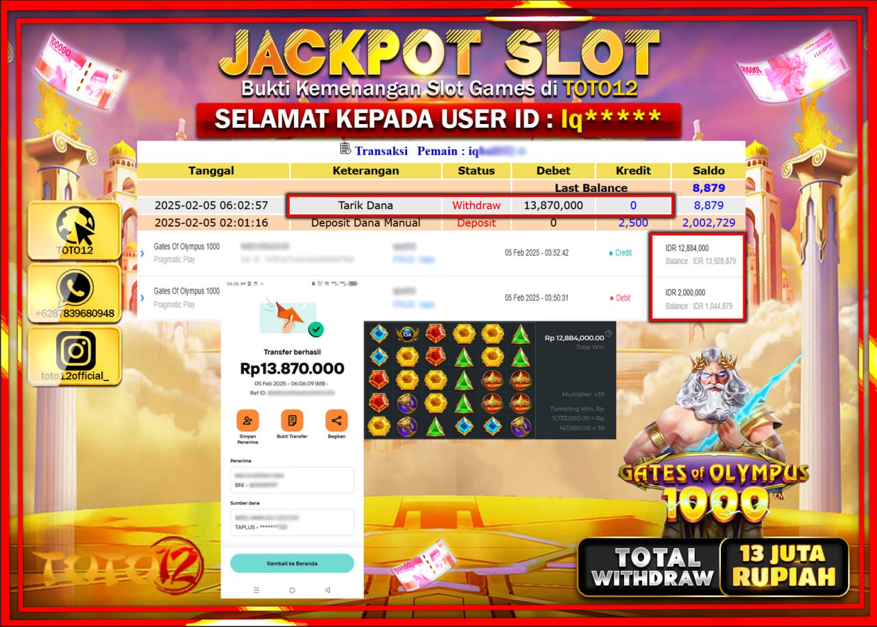 HANYA DI TOTO12 JP PASTI DI BAYAR LUNAS DAN CEPAT!!!!!! JACKPOT SLOT GAME (GATES OF OLYMPUS 1000) Rp.13.870.000 !!!!