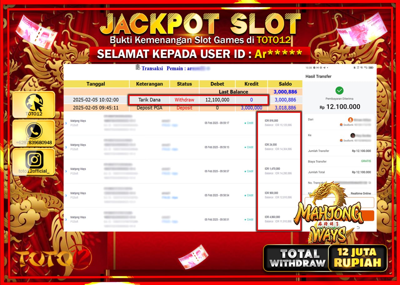 HANYA DI TOTO12 JP PASTI DI BAYAR LUNAS DAN CEPAT!!!!!! JACKPOT SLOT GAME (MAHJONG WAYS) Rp.12.000.000 !!!!