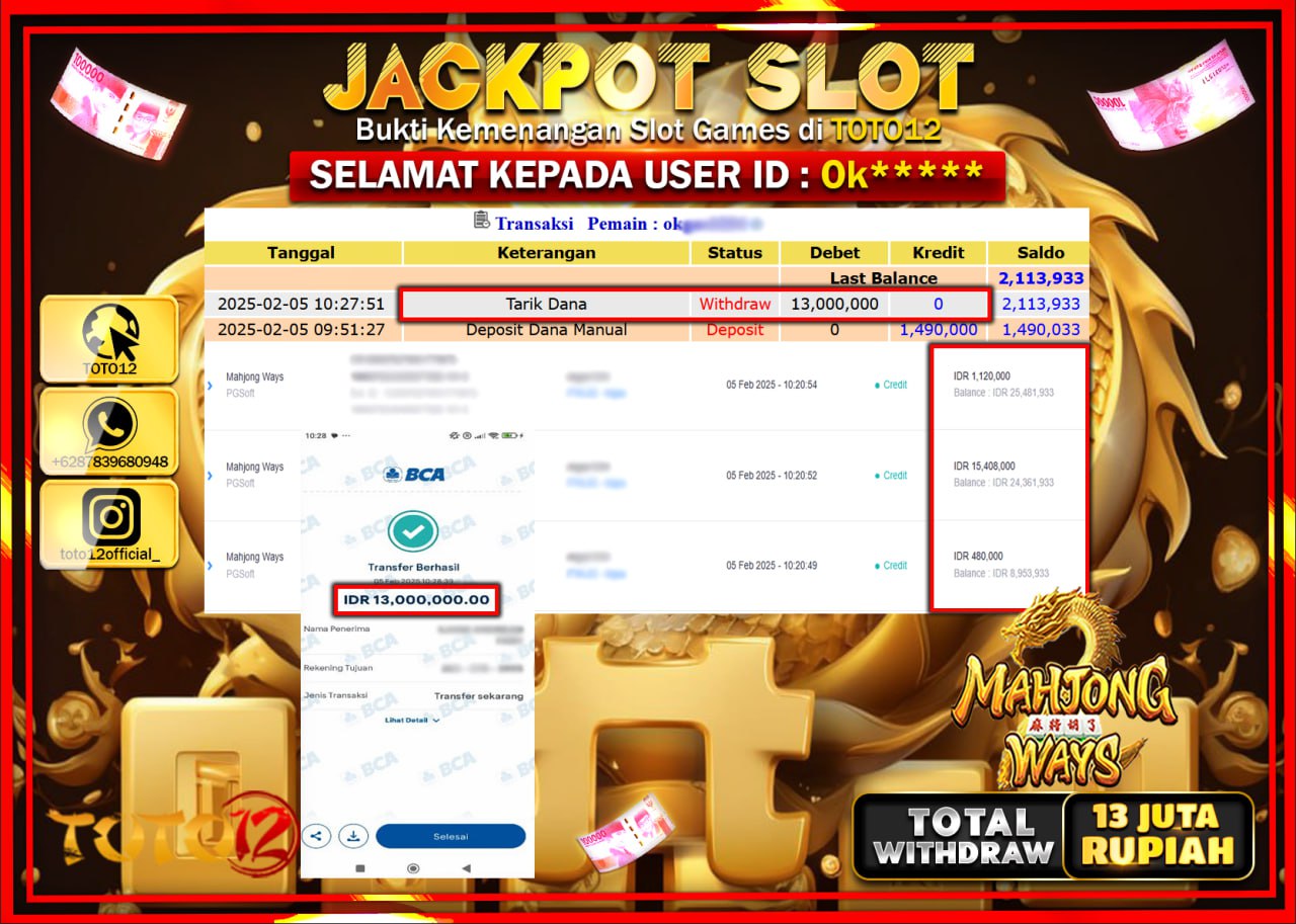 HANYA DI TOTO12 JP PASTI DI BAYAR LUNAS DAN CEPAT!!!!!! JACKPOT SLOT GAME (MAHJONG WAYS) Rp.13.000.000 !!!!