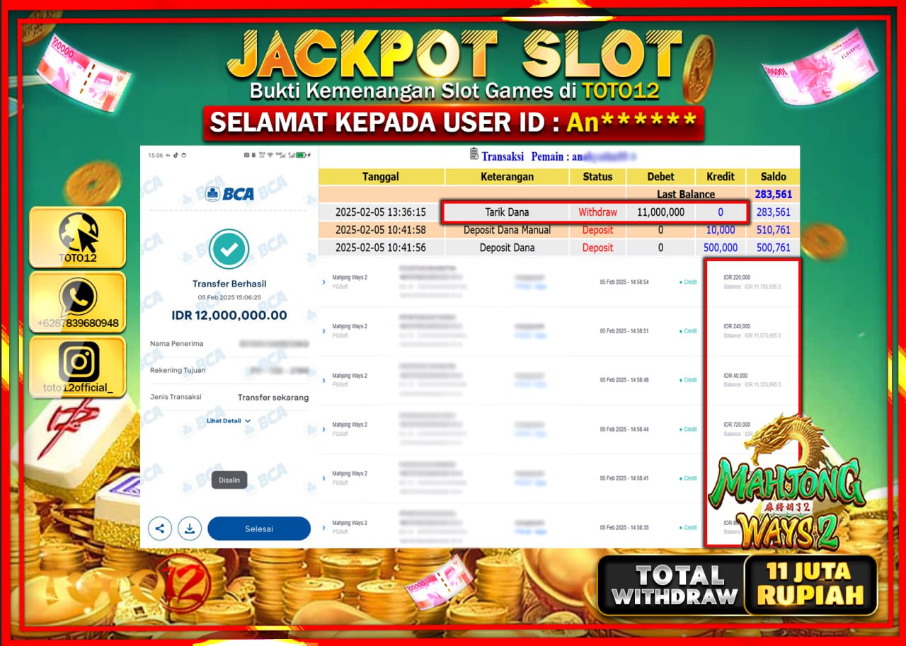 HANYA DI TOTO12 JP PASTI DI BAYAR LUNAS DAN CEPAT!!!!!! JACKPOT SLOT GAME (MAHJONG WAYS 2) Rp.11.000.000 !!!!