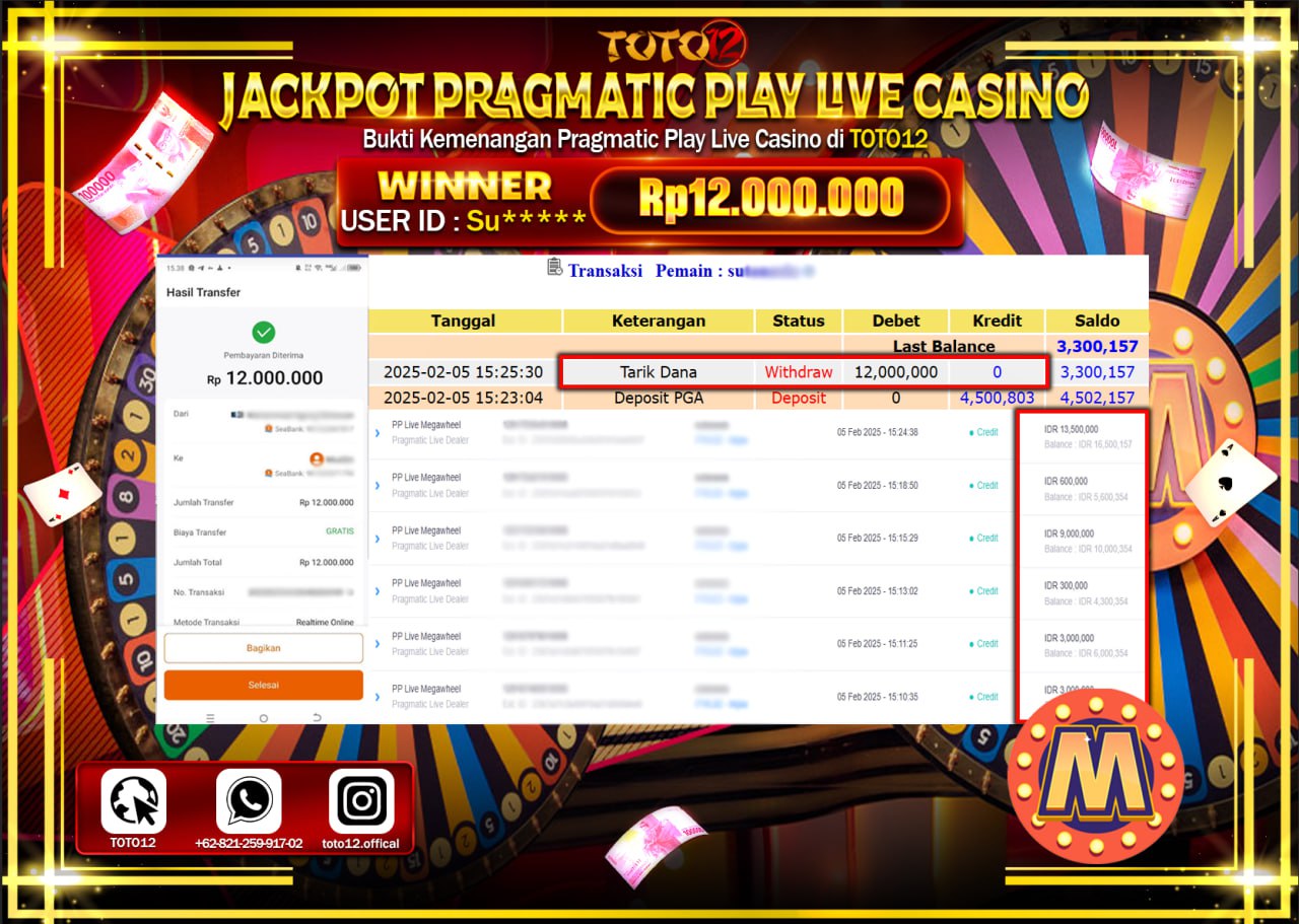 HANYA DI TOTO12 JP PASTI DI BAYAR LUNAS DAN CEPAT!!!!!! JACKPOT PRAGMATIC PLAY LIVE CASINO (MEGA WHEEL) Rp.12.000.000 !!!!