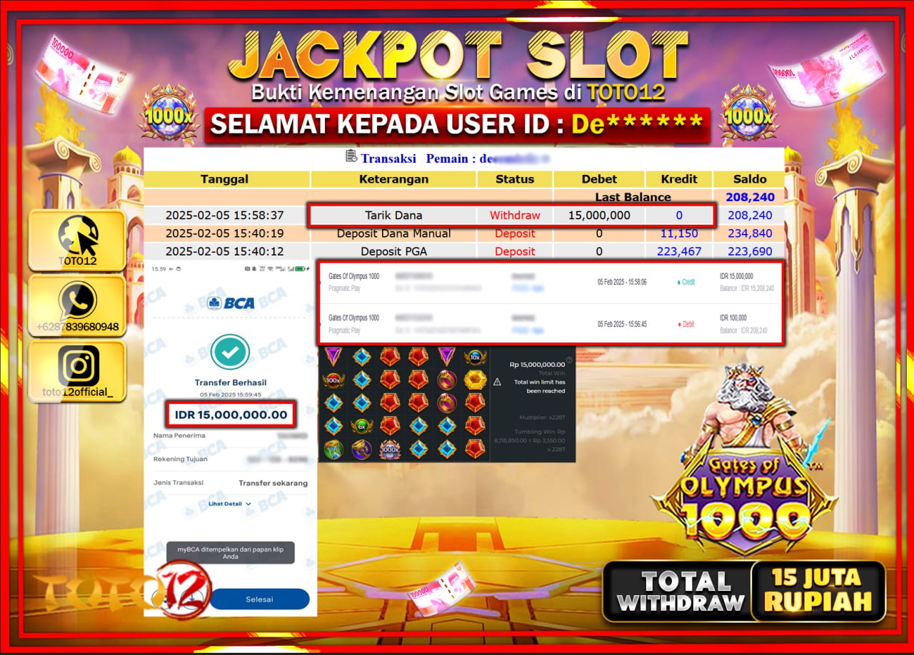 HANYA DI TOTO12 JP PASTI DI BAYAR LUNAS DAN CEPAT!!!!!! JACKPOT SLOT GAME (GATES OF OLYMPUS 1000) Rp.15.000.000 !!!!