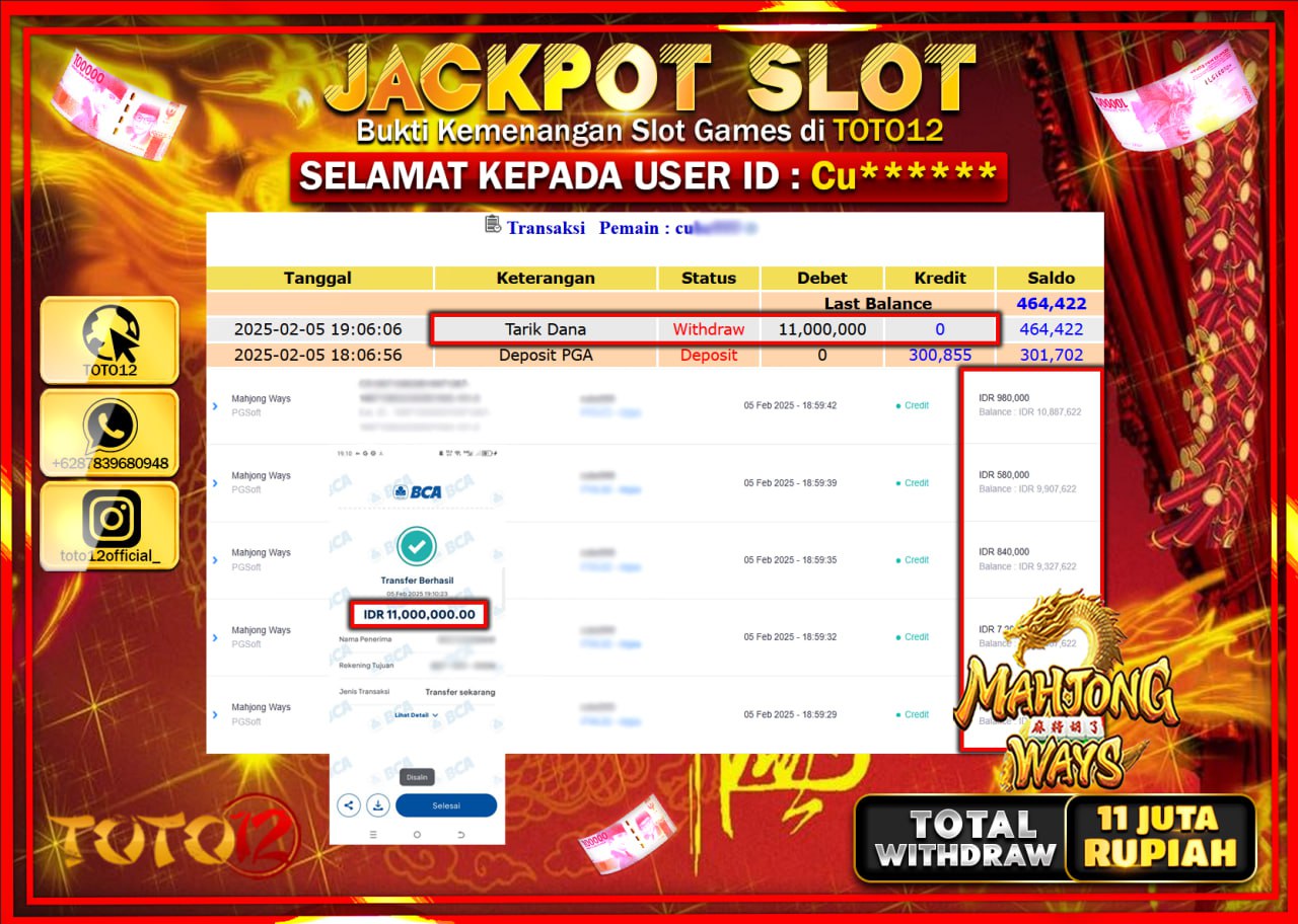 HANYA DI TOTO12 JP PASTI DI BAYAR LUNAS DAN CEPAT!!!!!! JACKPOT SLOT GAME (MAHJONG WAYS) Rp.11.000.000 !!!!