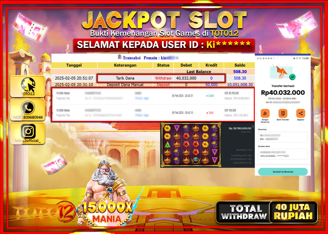 HANYA DI TOTO12 JP PASTI DI BAYAR LUNAS DAN CEPAT!!!!!! JACKPOT SLOT GAME (15 000x MANIA) Rp.40.000.000 !!!!