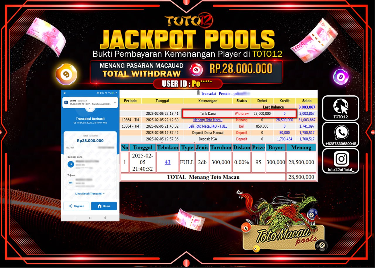 HANYA DI TOTO12 JP PASTI DI BAYAR LUNAS DAN CEPAT!!!!!! JACKPOT POOLS (TOTO MACAU) Rp.28.000.000 !!!!
