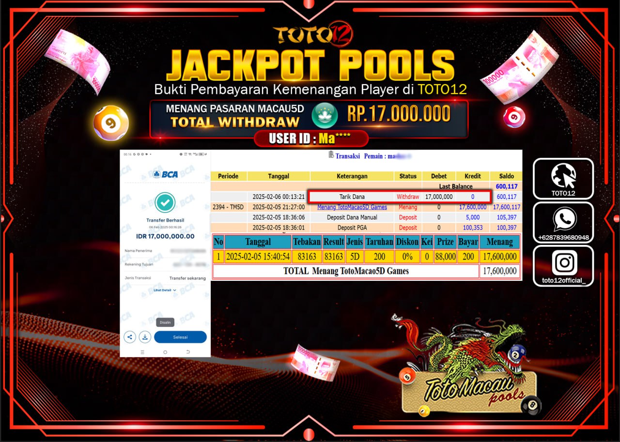 HANYA DI TOTO12 JP PASTI DI BAYAR LUNAS DAN CEPAT!!!!!! JACKPOT POOLS (TOTO MACAU) Rp.17.000.000 !!!!