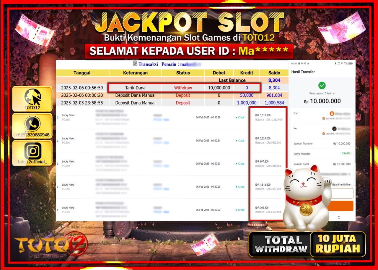 HANYA DI TOTO12 JP PASTI DI BAYAR LUNAS DAN CEPAT!!!!!! JACKPOT SLOT GAME (LUCKY NEKO) Rp.10.000.000 !!!!