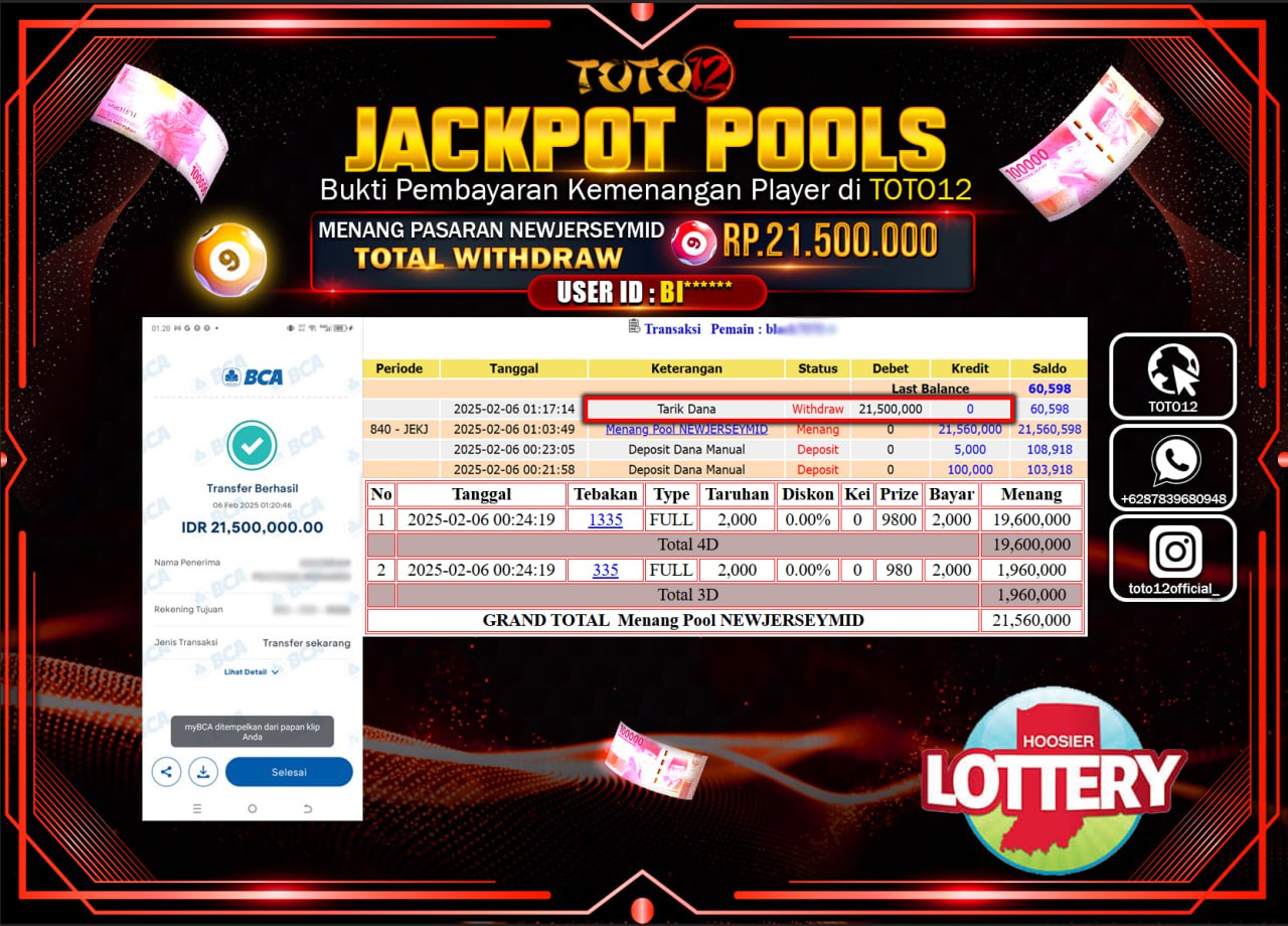 HANYA DI TOTO12 JP PASTI DI BAYAR LUNAS DAN CEPAT!!!!!! JACKPOT POOLS (NEWJERSEYMID) Rp.21.500.000 !!!!
