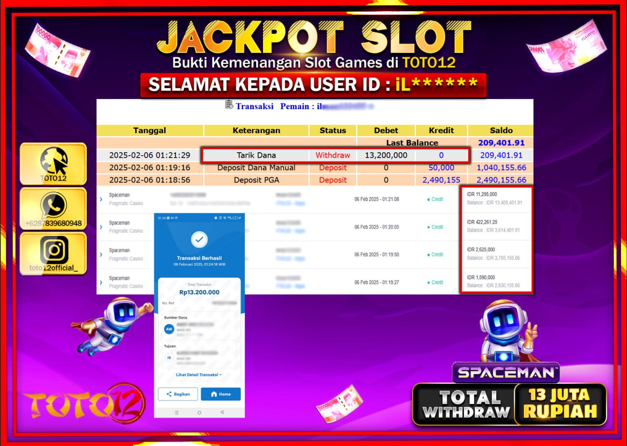 HANYA DI TOTO12 JP PASTI DI BAYAR LUNAS DAN CEPAT!!!!!! JACKPOT SLOT GAME (SPACEMAN) Rp.13.000.000 !!!!
