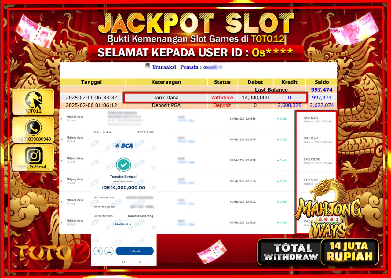 HANYA DI TOTO12 JP PASTI DI BAYAR LUNAS DAN CEPAT!!!!!! JACKPOT SLOT GAME (MAHJONG WAYS) Rp.14.000.000 !!!!