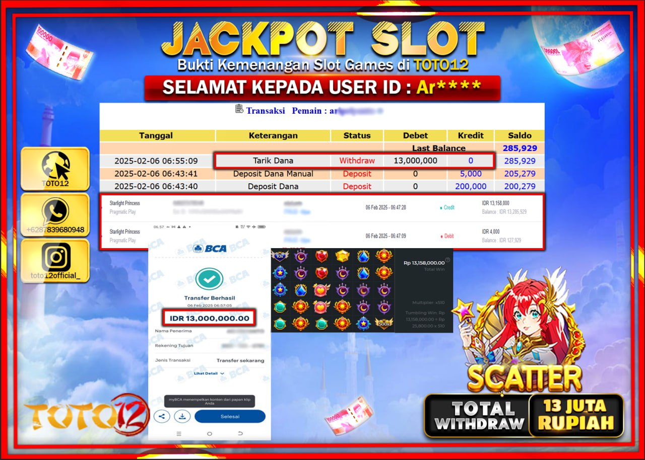 HANYA DI TOTO12 JP PASTI DI BAYAR LUNAS DAN CEPAT!!!!!! JACKPOT SLOT GAME (STARLIGHT PRINCESS) Rp.13.000.000 !!!!