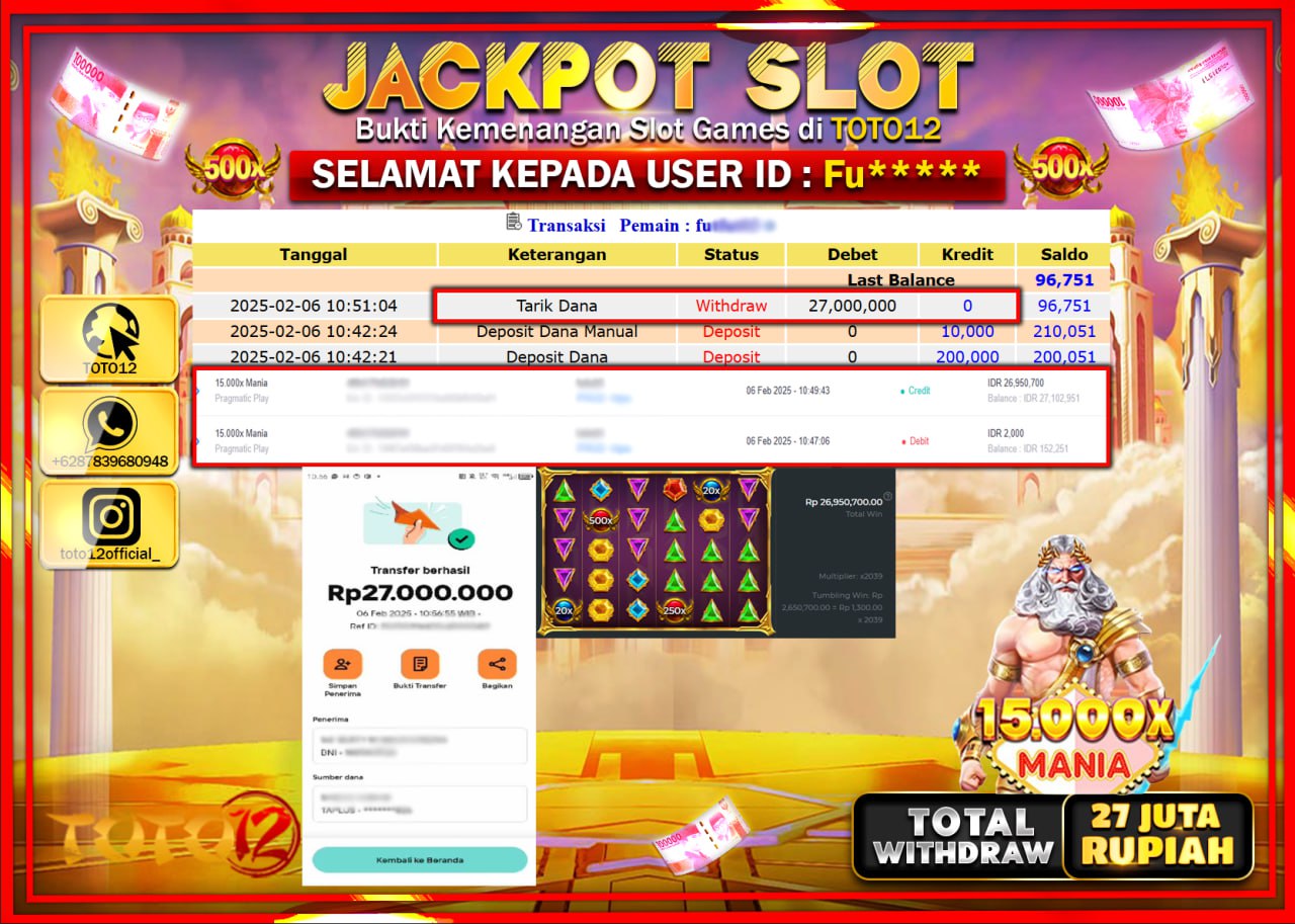HANYA DI TOTO12 JP PASTI DI BAYAR LUNAS DAN CEPAT!!!!!! JACKPOT SLOT GAME (15 000x MANIA) Rp.27.000.000 !!!!