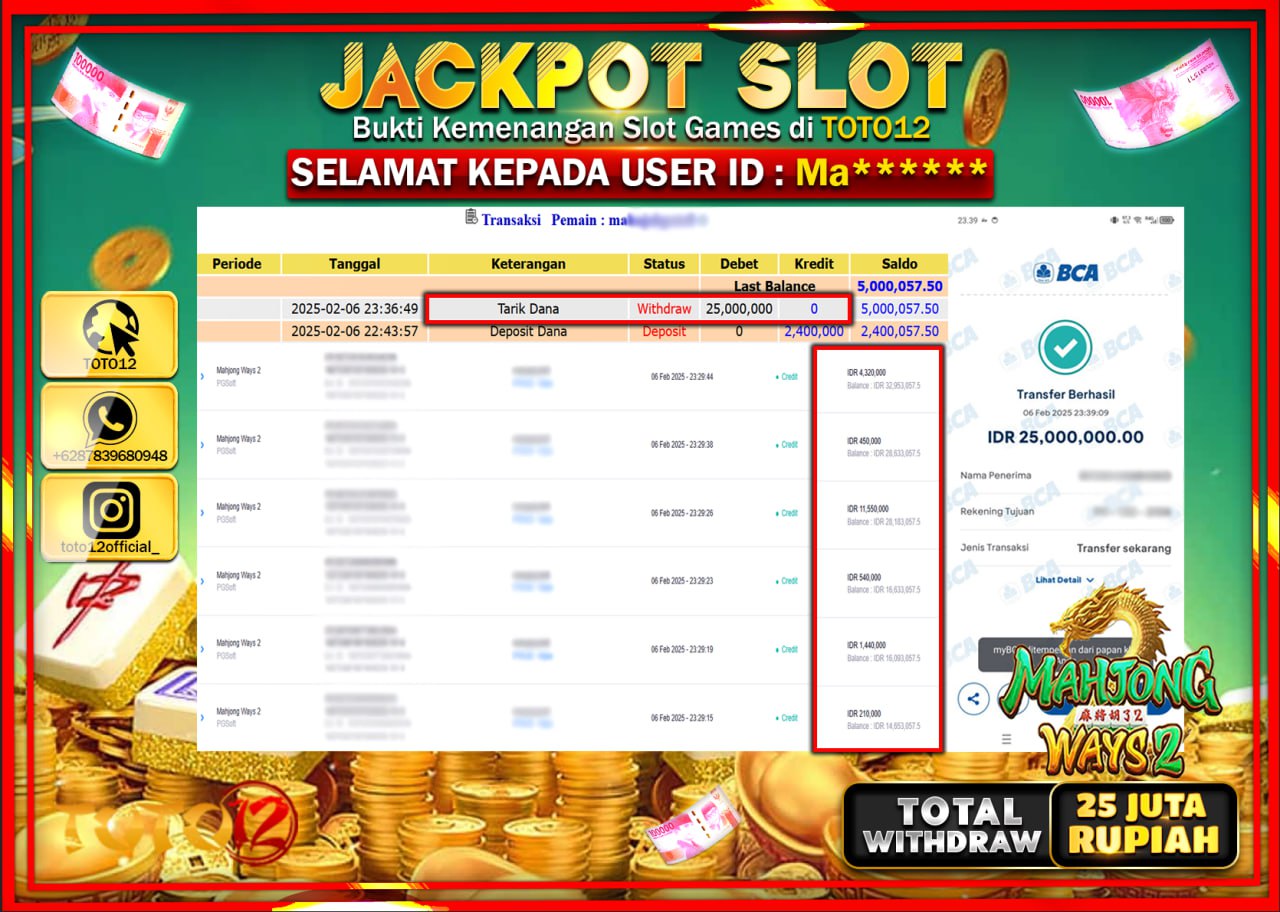 HANYA DI TOTO12 JP PASTI DI BAYAR LUNAS DAN CEPAT!!!!!! JACKPOT SLOT GAME (MAHJONG WAYS 2) Rp.25.000.000 !!!!