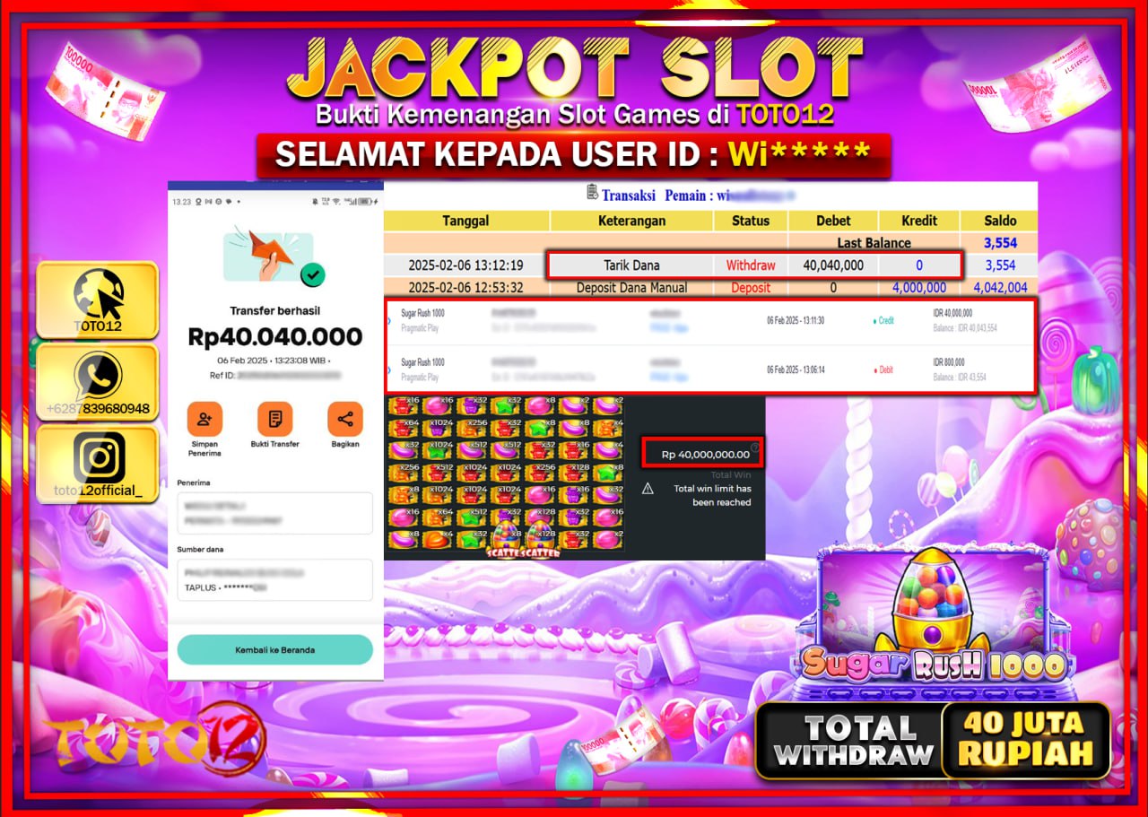 HANYA DI TOTO12 JP PASTI DI BAYAR LUNAS DAN CEPAT!!!!!! JACKPOT SLOT GAME (SUGAR RUSH 1000) Rp.40.040.000 !!!!